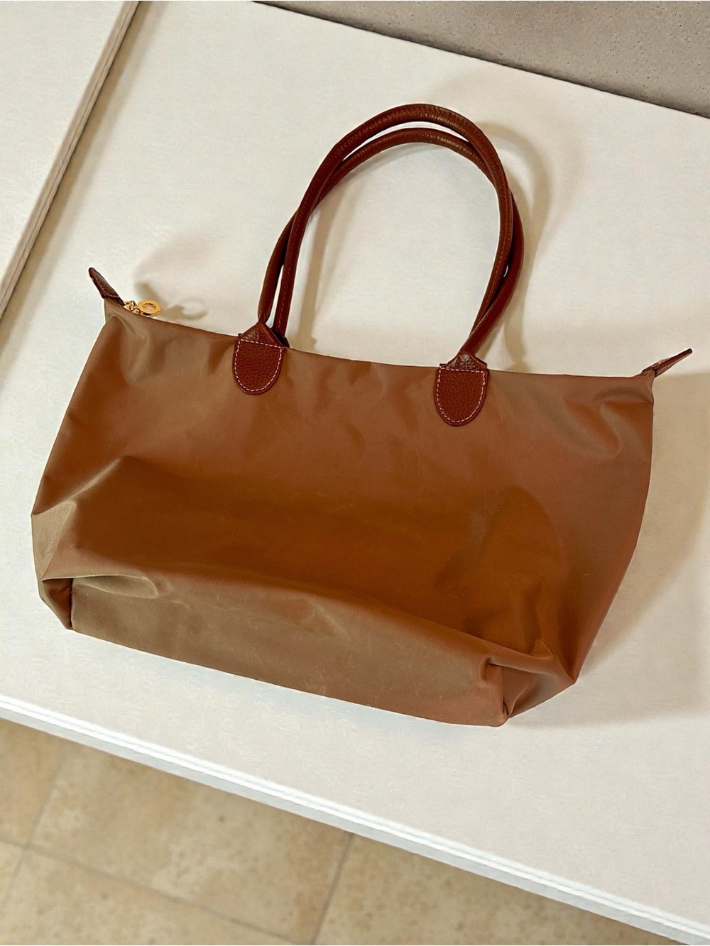 Brown Nylon Tote Bag with Leather Handles